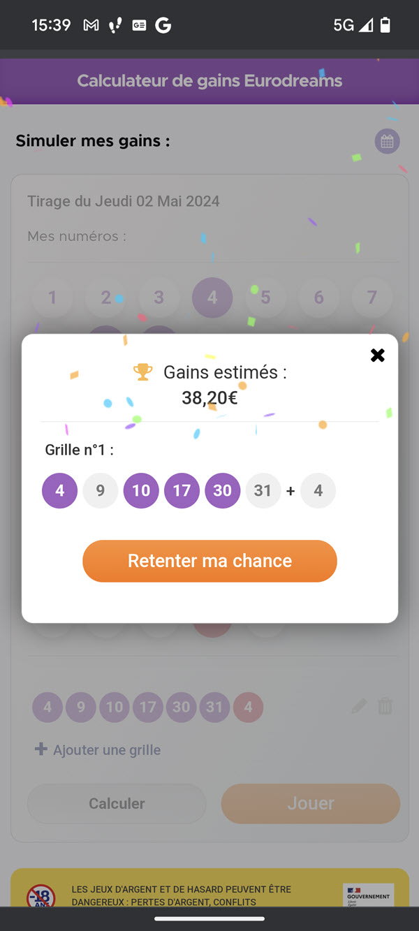 Ici, nous avons obtenu près de 40€ de gain en trouvant 4 bons numéros sur les 6 numéros de la combinaison gagnant EuroDreams