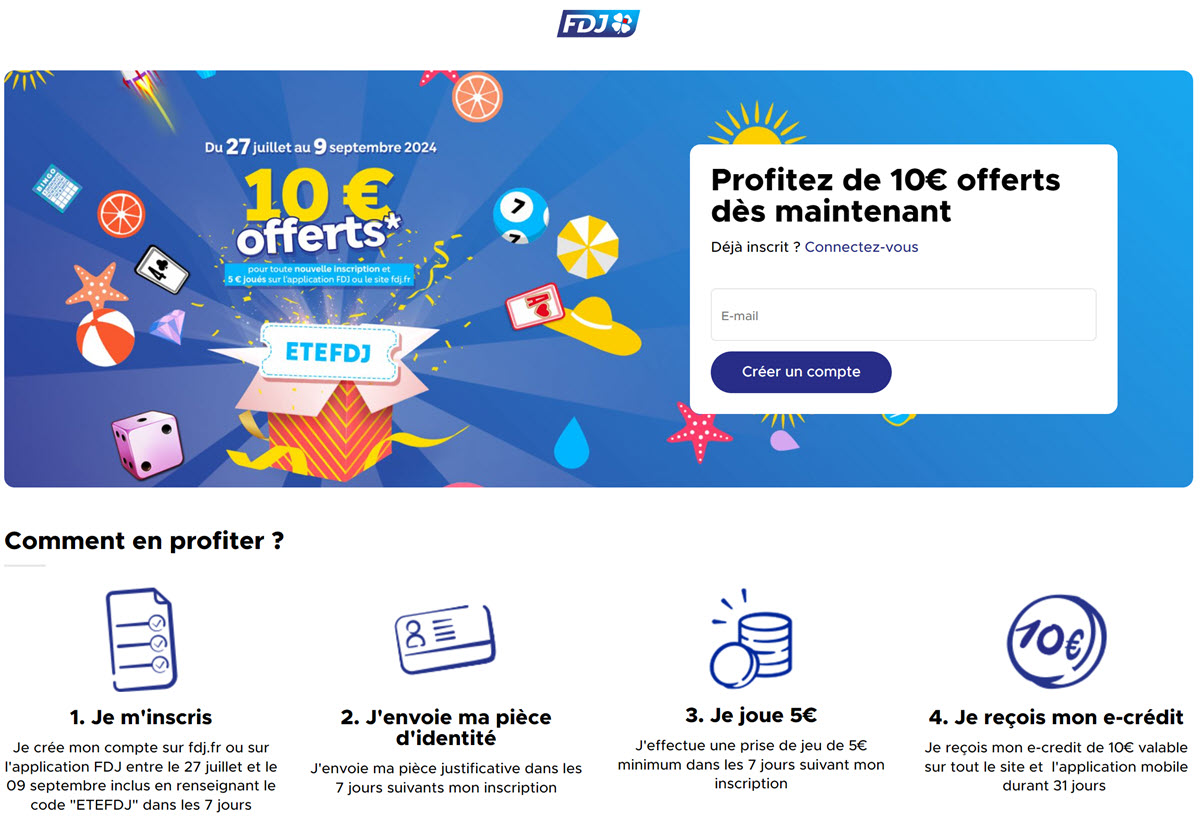 FDJ.fr : profitez de 10€ offerts avec le code promo ETEFDJ jusqu'au 9 septembre