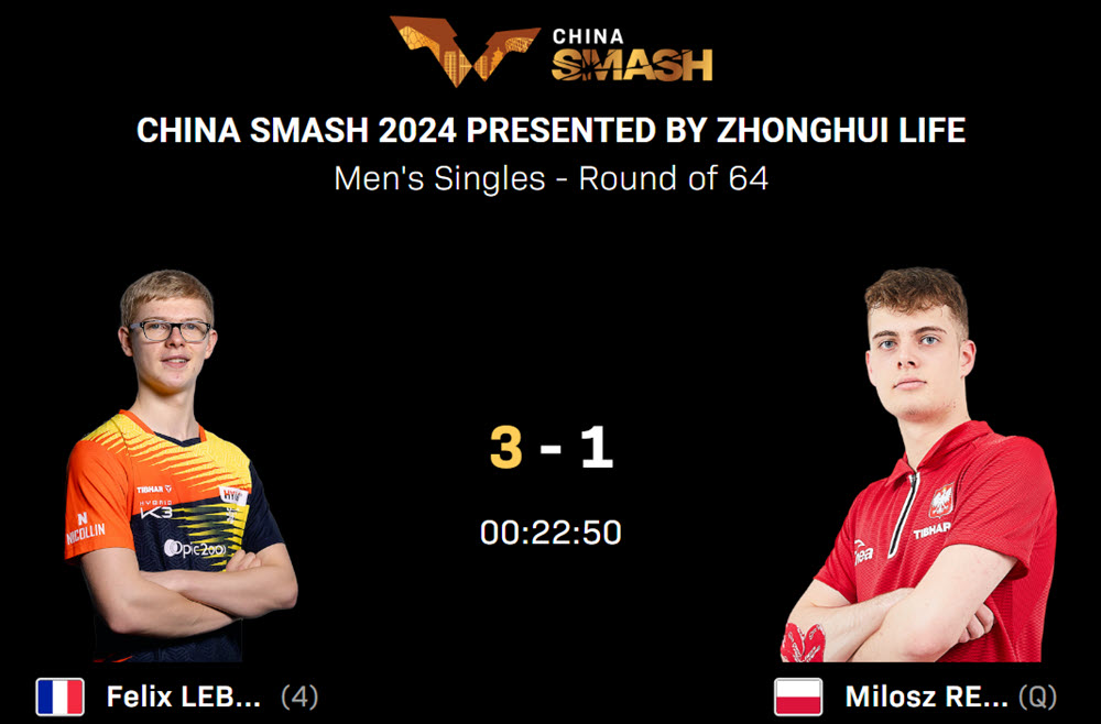 Victoire de Félix Lebrun en 32e de finale du Grand Smash China