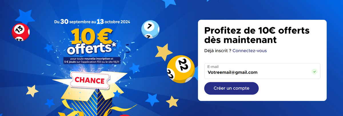 Le code promo CHANCE offre 10€ jusqu'au 13 octobre sur les jeux de tirage Loto ou Euromillions