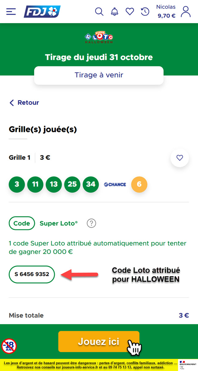 Code Super Loto : prise de jeu effectuée sur FDJ.fr pour le super Loto d'Halloween