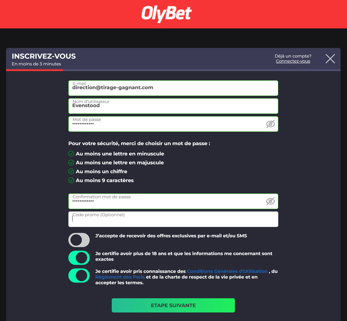 Formulaire d'inscription sur Olybet