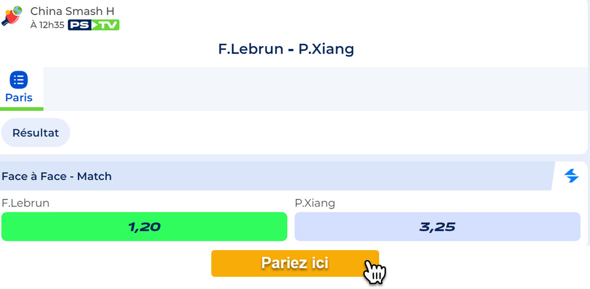 Parier sur le match Félix Lebrun - Xiang Peng en 8e de finale de ce Grand Smash China