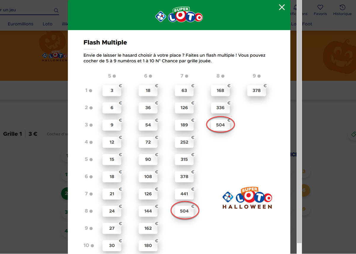 Tableau des grilles multiples Super Loto Halloween