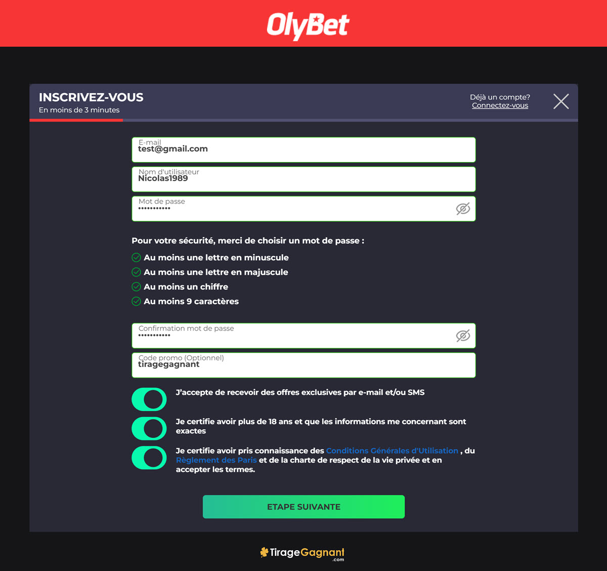 S'inscrire sur Olybet : début du formulaire d'inscription