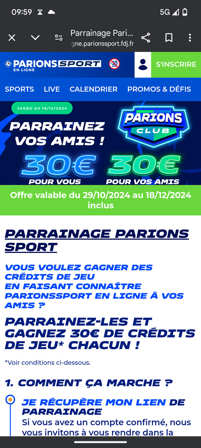 Profitez de l'offre Parions Sport et de 30€ de paris gratuits en parrainant vos amis.