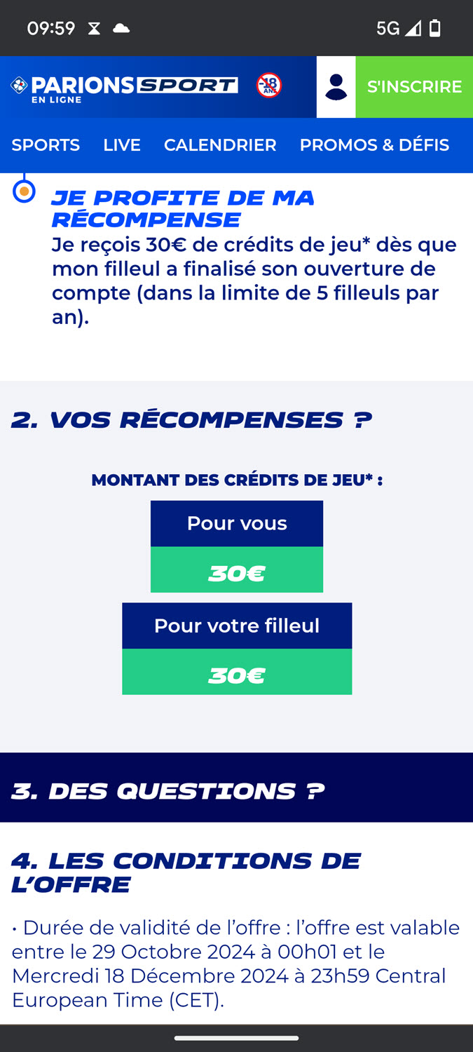 Le récapitulatif de l'offre de parrainage disponible sur Parions Sport en ce moment.