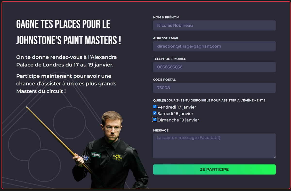 formulaire d'inscription sur Olybet pour participer au World Snooker Tour