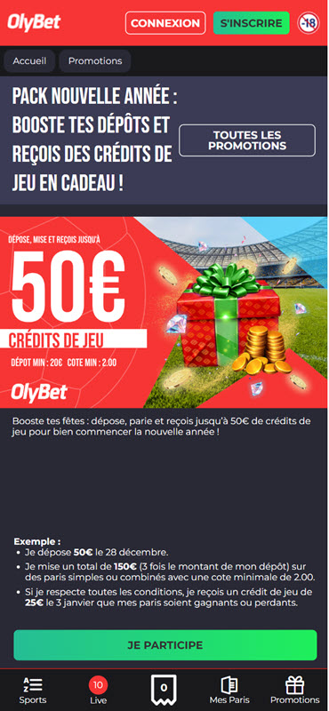 Profiter de l'offre Olybet de fin d'année. Recevez un bous de 50€ pour fêter 2025