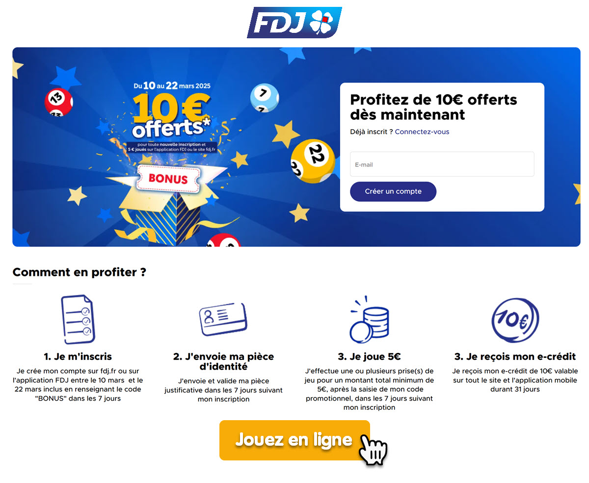Code promo FDJ BONUS pour recevoir 10€ offerts