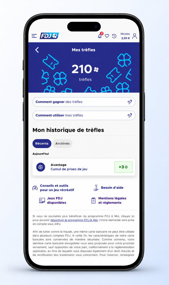 Les trèfles disponibles dans votre espace FDJ&Moi