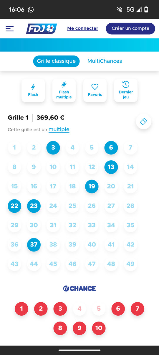 Un exemple de grilles multiples rempli sur FDJ.fr pour un tirage du Loto