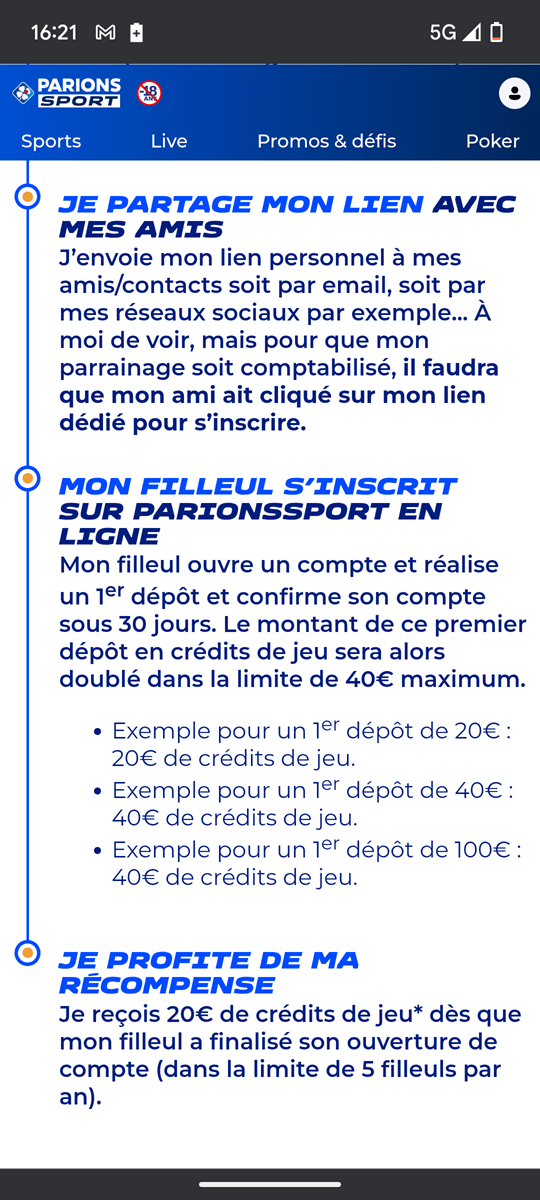 Les conditions strictes pour obtenir votre parrainage sur Parions Sport et le partage de votre lien de parrain.