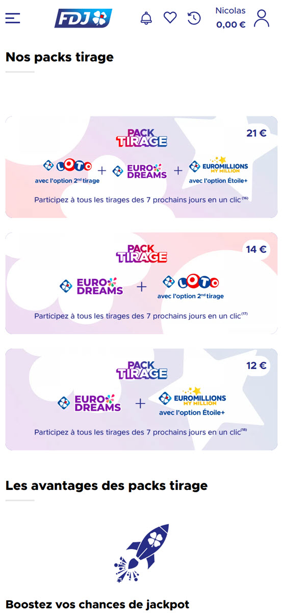 Choisissez un pack parmi les 3 formules possibles, dès 12€ et jusqu'à 21€ pour une semaine de tirage.
