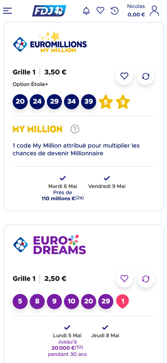 Un exemple des autres combinaisons EuroMillions et EuroDreams pour ce même Pack Tirage à 21€.