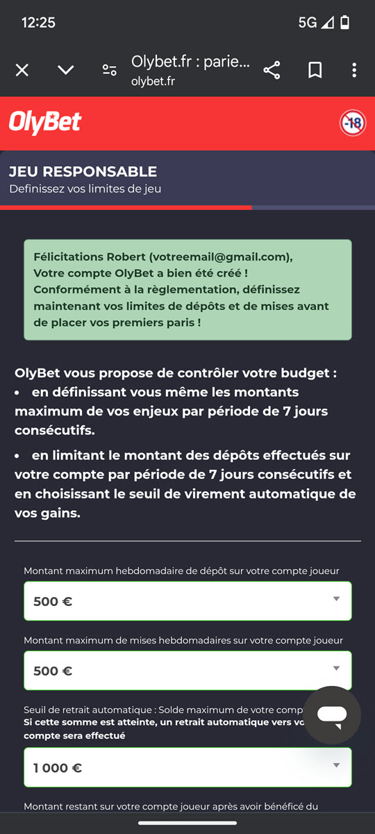 Mettez vos limites de jeux conformément aux directives de l'ANJ. Vous pourrez les modifier ultérieurement suivant votre profil de parieur