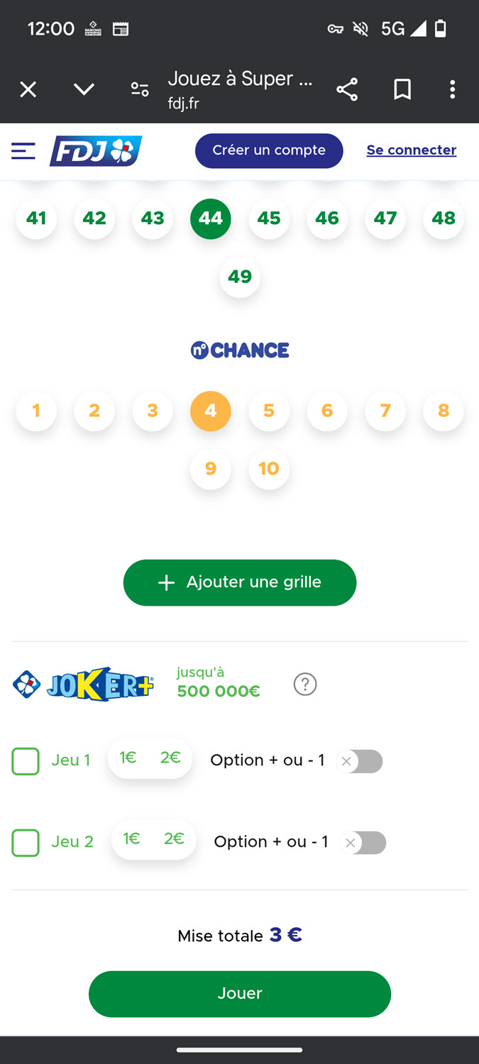 Plus bas dans votre prise de jeux, cliquez sur jouer pour atteindre la dernière étape de validation de votre grille Super Loto.