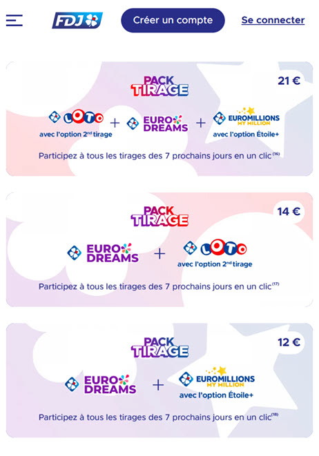 Les 3 différents packs Tirages disponibles sur FDJ.fr ou l'appli FDJ