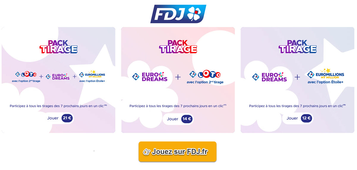Jouer à l'un des packs Tirage FDJ (3 formules) au Loto, Euromillions et EuroDreams sur FDJ.fr