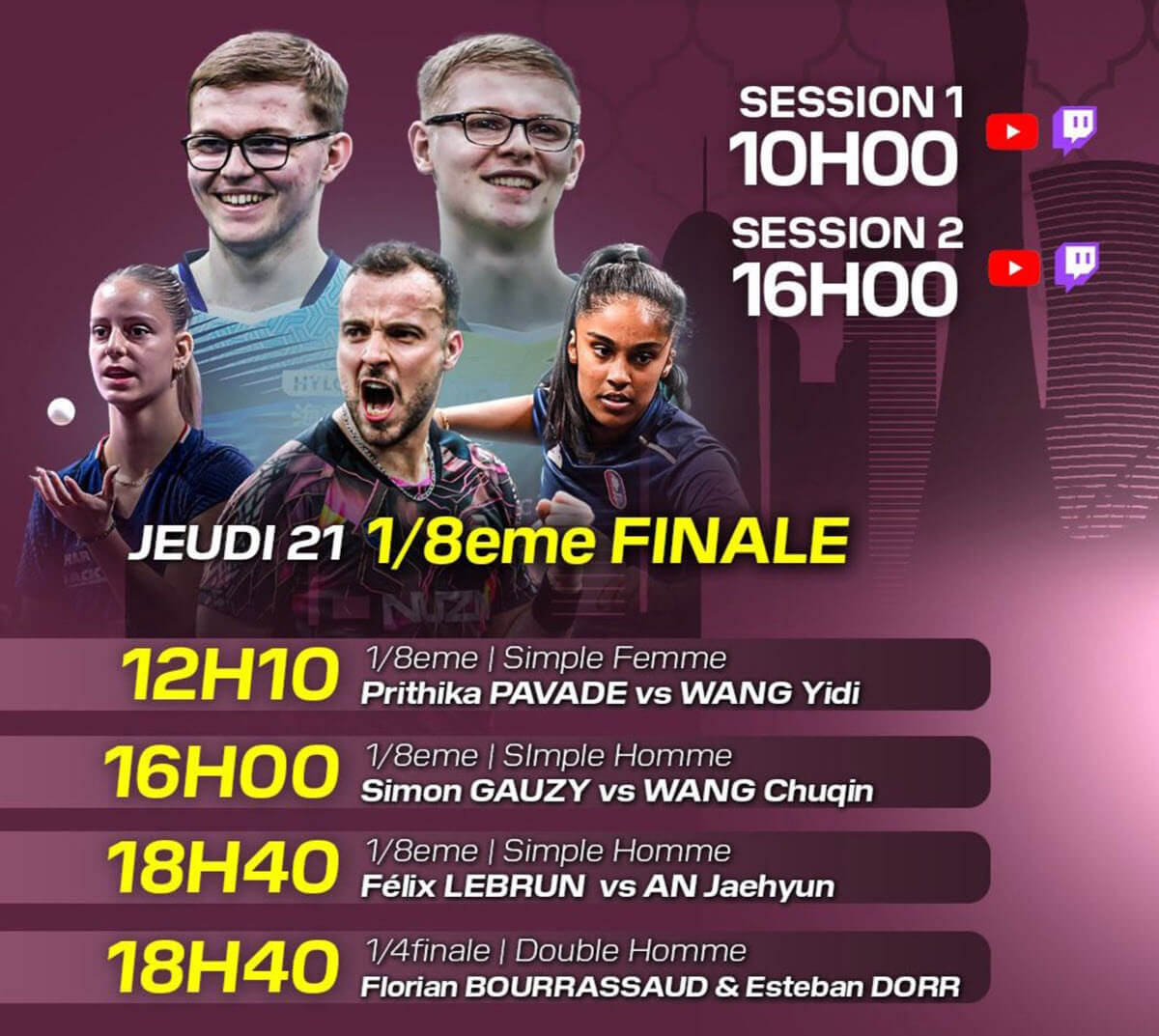 Programme complet des matchs de tennis de table du jeudi 22 mai 2025 à Doha (rencontre, date, heure, chaîne)