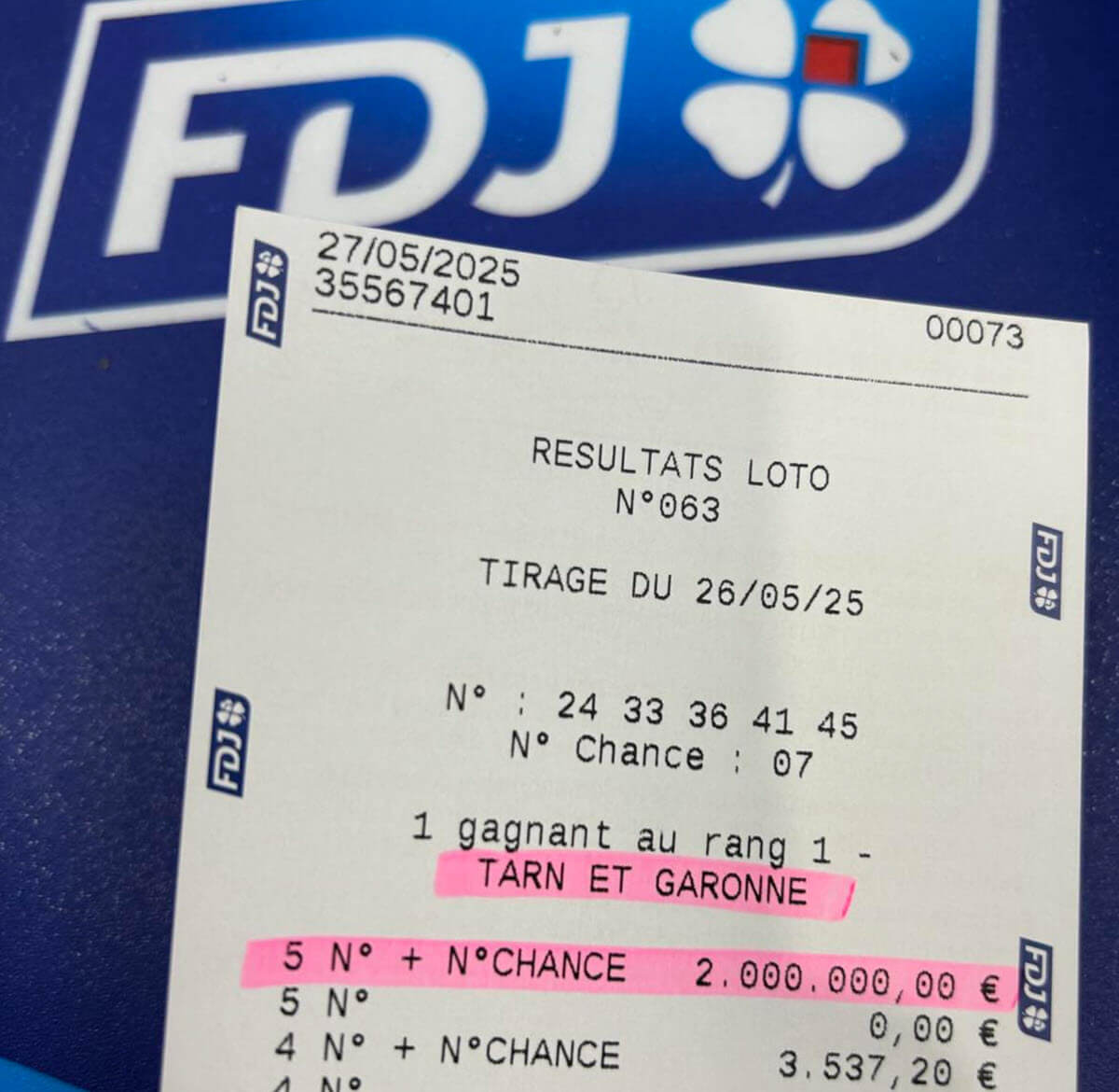 Le ticket récapitulatif du Loto du 26 mai dans un point de vente du Tarn-et-Garonne.