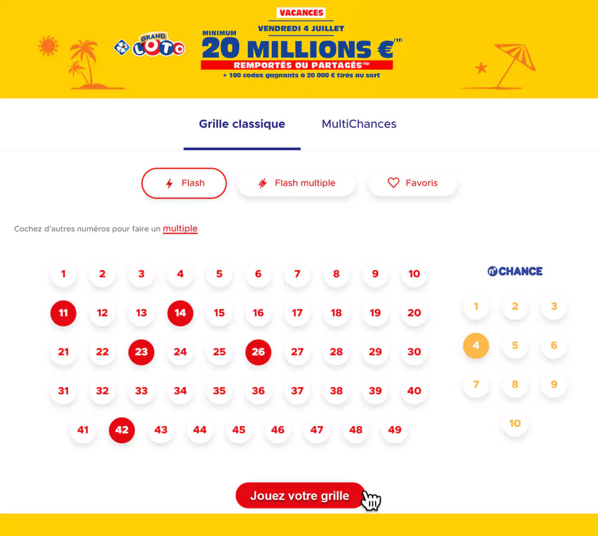 Une grille Grand Loto des vacances jouée en ligne sur FDJ.fr pour 5€