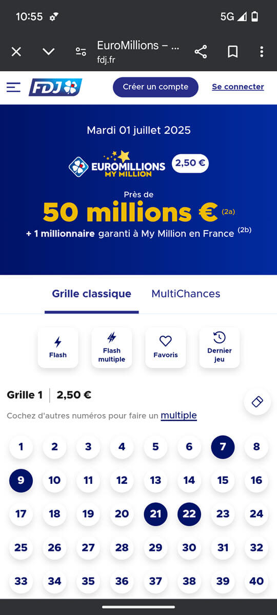 Jouer une grille Euromillions depuis votre mobile