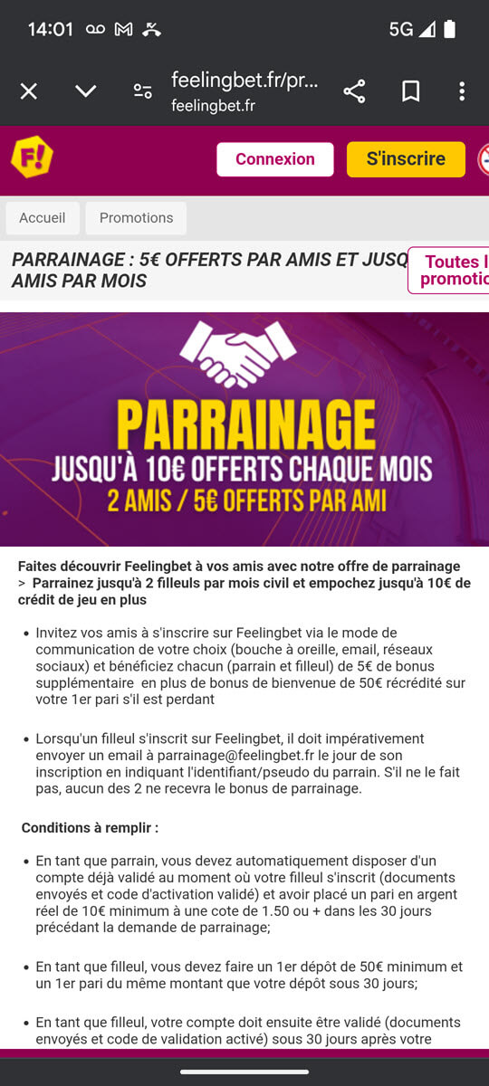 Les conditions pour les parrains et filleuls afin d'obtenir le bonus sur Feelingbet de 5€ en 2025