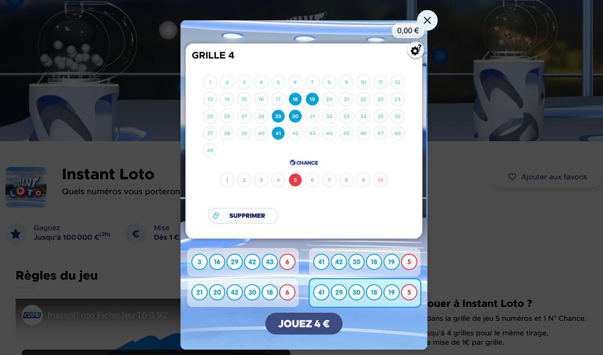 Choisir des grilles pour jouer à Instant Loto