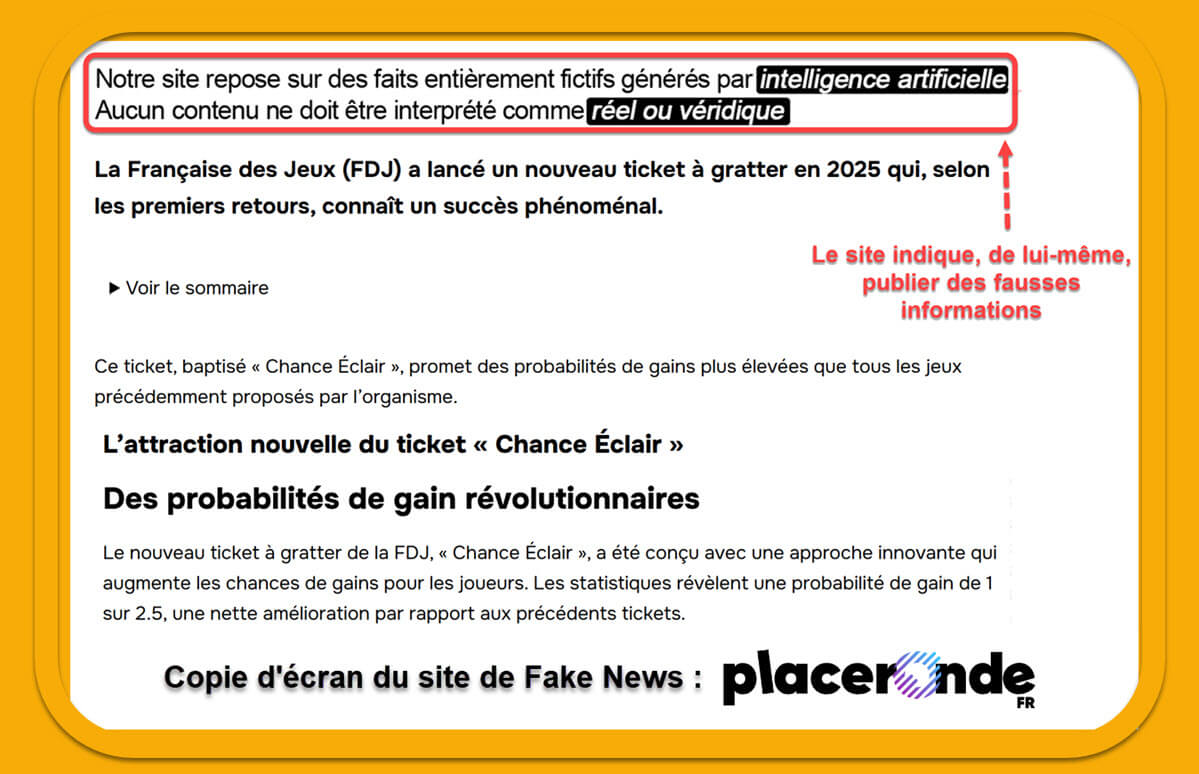 Le site de fake news Placeronde et son article sur la sortie du jeu Chance Eclair de la FDJ qui n'existe pas