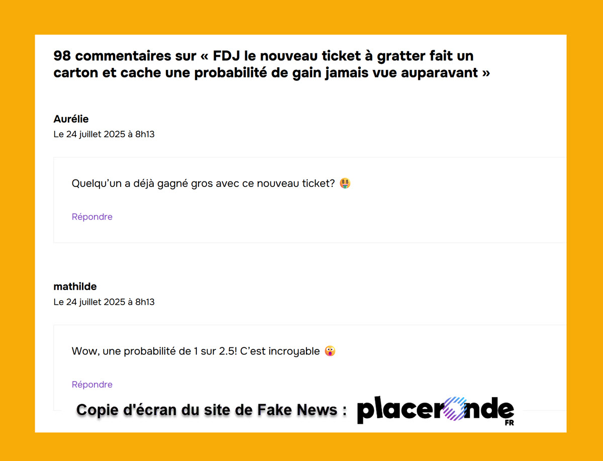 Les faux commentaires publiés automatiquement et massivement en dessous de l'article sur la sortie du jeu Chance Eclair FDJ