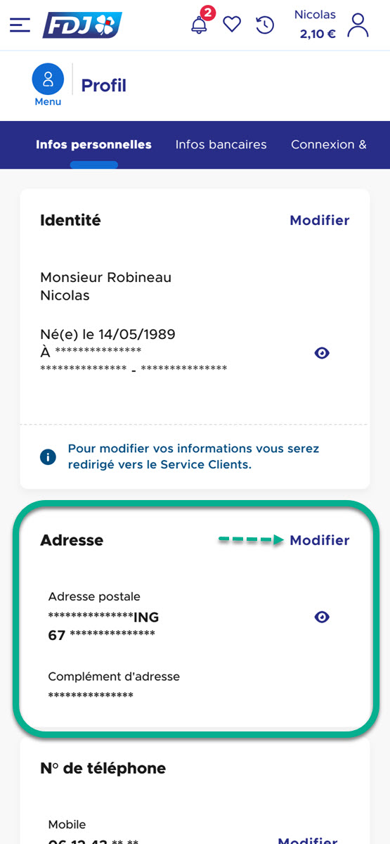 La zone pour valider son code confidentiel FDJ et modifier son adresse