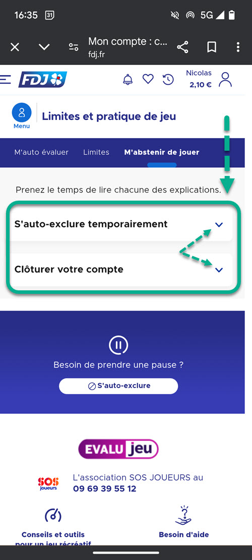 Les 2 options pour supprimer votre compte FDJ. Vous pouvez suspendre votre compte pour 1 jour ou 12 mois jusqu'à la clôture globale de votre compte FDJ.