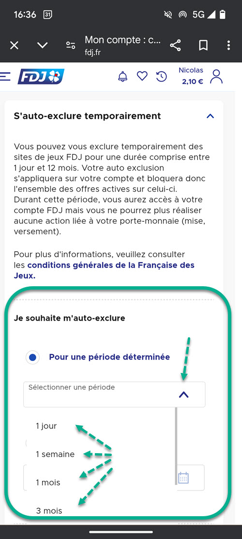 Auto-exclusion : choisissez une période pour ne plus jouer sur FDJ.fr de 1 jour à 3 mois.