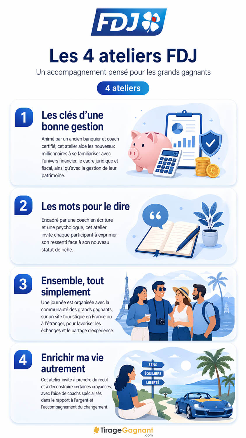 Les 4 types d'ateliers proposés aux gagnants FDJ dès lors qu'ils ont remporté au moins 500 000€, 1 million d'euros ou encore 5 millions d'euros