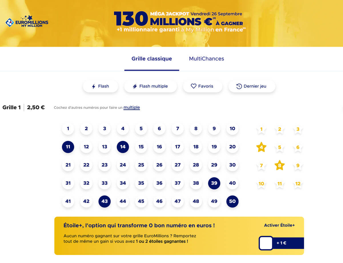 Jouer une grille simple pour le mega jackpot Euromillions du 26 septembre