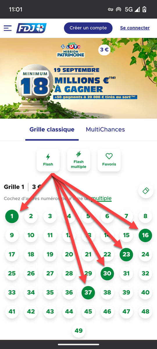 Choisissez vos numéros (5 minimum) pour constituer votre combinaison Super Loto pour le Patrimoine.