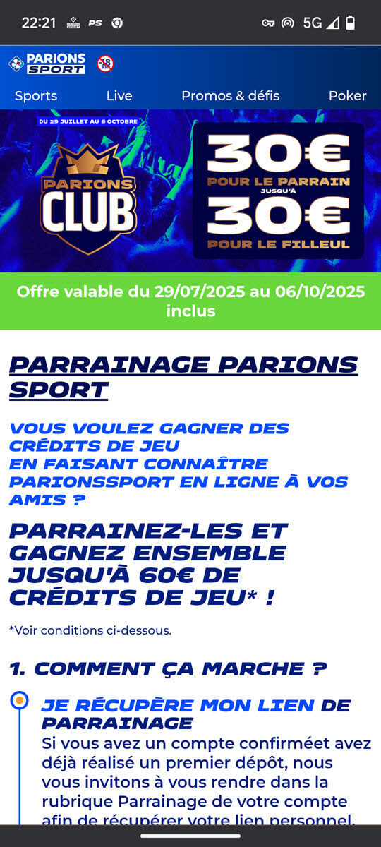 Profitez de l'offre Parions Sport et de 30€ de paris gratuits en parrainant vos amis en septembre et jusqu'au 6 octobre 2025. Vos amis recevrons 30€ de leur côté