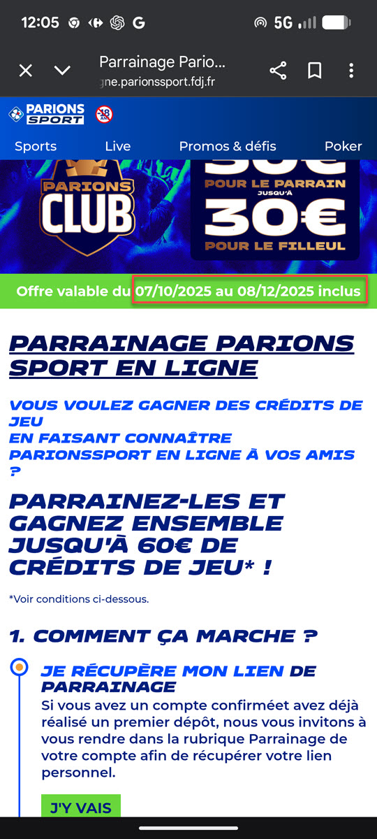 Profitez de l'offre Parions Sport et de 30€ de paris gratuits en parrainant vos amis en septembre et jusqu'au 8 décembre 2025. Vos amis recevrons 30€ de leur côté