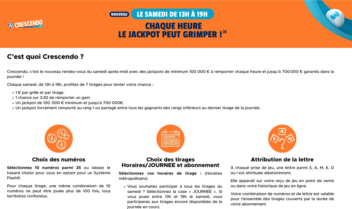 Le contenu publié sur le site FDJ.fr concernant la nouvelle loterie Crescendo