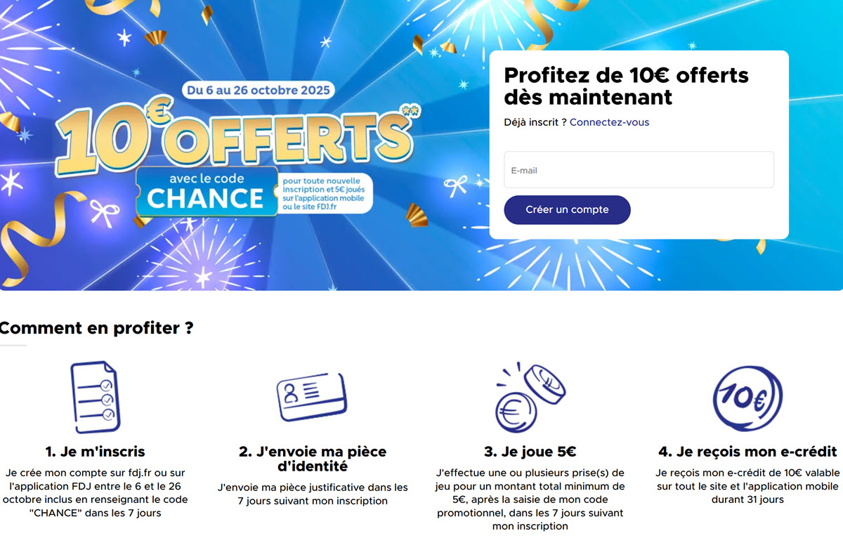 Nouveau code promo FDJ "CHANCE" du 6 au 26 octobre 2025