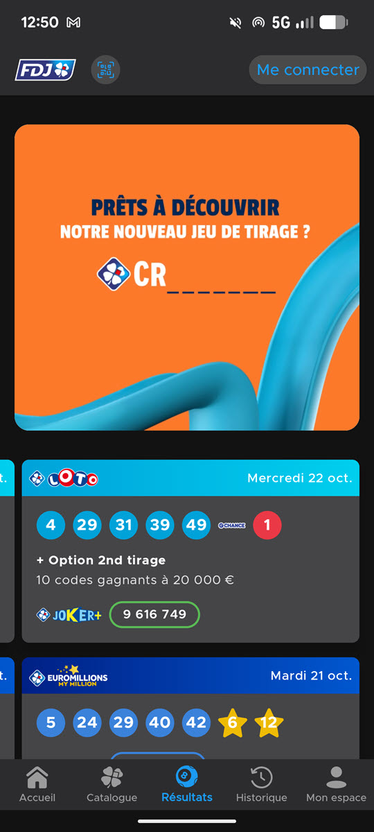 L'encart de révélation du jeu Crescendo sur l'application FDJ.