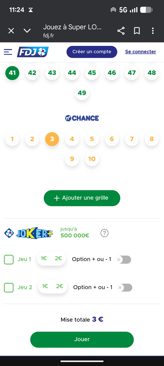 Cochez votre numéro Chance et validez votre participation en payant 3€ pour chaque combinaison Super Loto jouée.