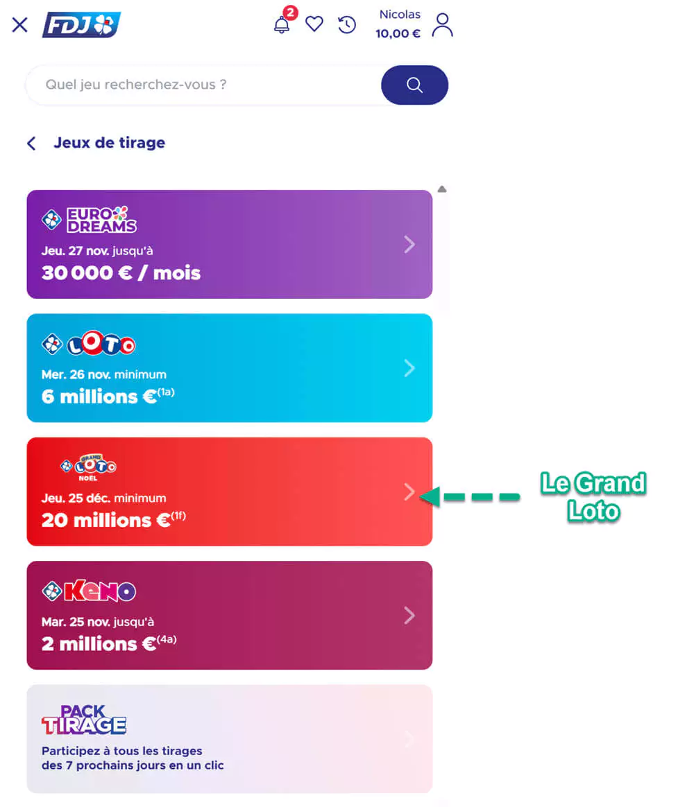 Depuis le menu, trouvez l'encart dédié au Grand Loto de Noël.
