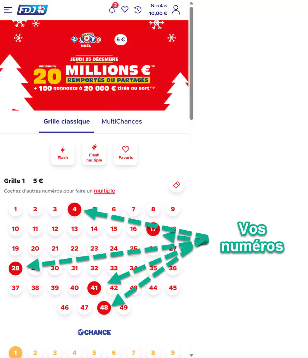 Choisissez vos numéros sur la grille de jeu du Loto de Noël.