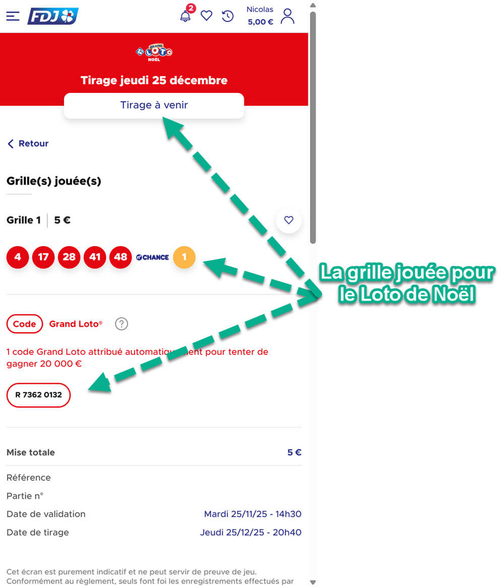 Une fois payée, votre grille Grand Loto est incluse dans votre historique de jeu avec votre code loto.