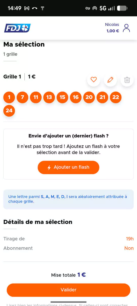 Confirmez la validation de votre grille Crescendo après avoir pris note de toutes les informations, numéros, heure et tarif.