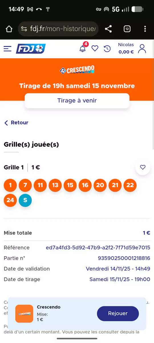 Enfin, retrouvez l'ensemble de votre reçu Crescendo dans votre historique de jeu et découvrez votre lettre automatiquement attribuée.