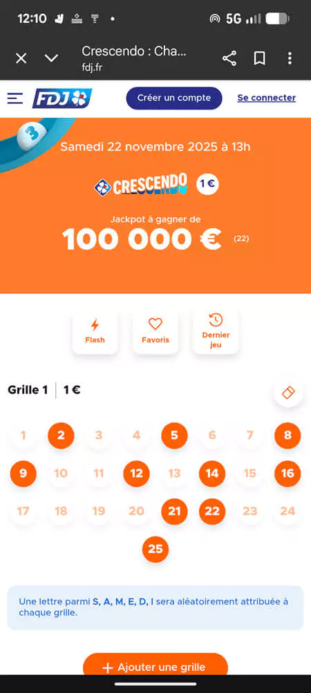 grille pour jouer au tirage Crescendo de ce samedi 22 novembre