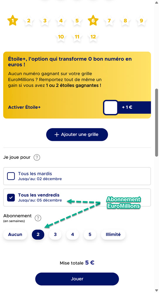 Jouer une grille EuroMillions par abonnement pour 2 semaines
